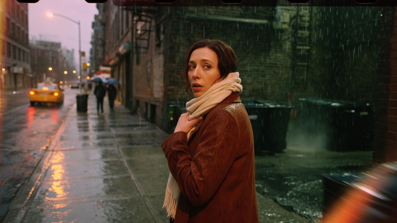 A fictional woman in a rust coat looking back on a wet street at dusk — the last frame of a clip you already have.